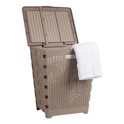 Mind Reader 61L Foldable Laundry Hamper, Clothes Basket, Lid, Wicker Design, Plastic, 18"L x 14.5"W x 21.25"H, Tan