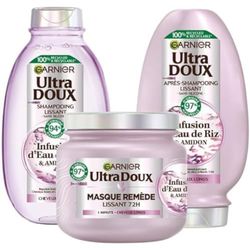 Garnier Ultra Soft – Cofanetto per capelli ribelli e indisciplinati – Lisciante morbidezza e lucentezza, con infusione di acqua di riso, per capelli ribelli e indisciplinati, shampoo, balsamo,