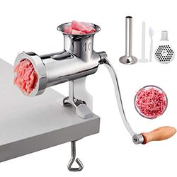 VEVOR Manual Meat Grinder Tabletop Clamp, 2 Grinding Plates & Sausage Stuffer, Ideal for Home Kitchen, Stainless Steel, Silver