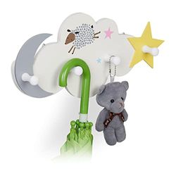 Relaxdays Perchero Infantil Nube, Colgador Pared, 5x34,5x5 cm, MDF, Ganchos Guardarropa Niños, Cielo Nocturno, Blanco, Tablero de Fibras, 16,5 x 34,5 x 5 cm