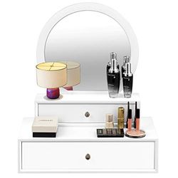 COSTWAY Mirror with 2 Drawers Dressing Table Round Makeup Mirror Cabinet Dressing Table Cosmetic Table