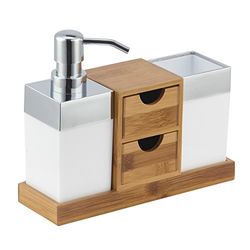 MSV - Set di 3 Accessori da Bagno con Dispenser per Sapone e Porta spazzolini in bambù e Acciaio Inox, con cassetti