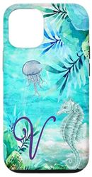 Blue Seahorse Monogramma Lettera V Art Script Lettera iniziale Custodia per iPhone 12/12 Pro