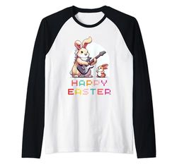 Coniglio Happy Easter Eggs Retro Vintage Pixel Art Rock Guitar Maglia con Maniche Raglan