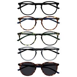 OPULIZE Met 5 Pack Reading Glasses With Reading Sunglasses Round Black Brown Green Grey Mens Womens RRRRS60-12672 +3.00
