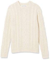 Amazon Essentials Jersey de Manga Larga 100% de Algodón con Trenzado Aran y Cuello Redondo Hombre, Blanco Roto, M