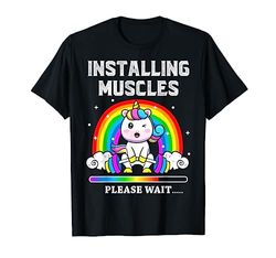 Installing Muscles Unicorn Rainbow Weightlifting Training Maglietta