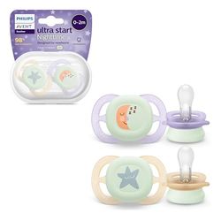 Philips Avent Ultra Start Nighttime-nappar, ortodontiska nappar för nyfödda 0–2 månader, lyser i mörkret, symmetrisk napp i silikon, BPA-fri, med sterilisator/nappfodral, 2-pack, SCF075/07