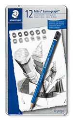 Staedtler Mars Lumograph, Crayons à papier de très haute qualité pour écriture et dessin artistique, Boîte en métal avec 12 crayons assortis 6B-4H, 100 G12