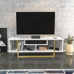 Hanah Home Glamorous stojak pod telewizor, złoty i biały, 120 x 35,2 x 40,2 cm, 100% pokryta melaminą, grubość 18 mm, stylowa i funkcjonalna do nowoczesnych pomieszczeń mieszkalnych