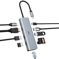 Oditton USB C-hub, 10-in-1 docking station USB C-adapter met 4K HDMI, 2x USB-A 3.0, 2x USB-A 2.0, USB-C dataport, 100W PD, Ethernet RJ45, SD&TF-kaartlezer, compatibel met MacBook, iMac, meer