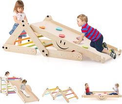 FANTASK Equipo de Escalada de Madera, triángulo de Escalada Interior Multifuncional con rampa Reversible, balancín, Escalador Ajustable para niños a Partir de 3 años, Multicolor