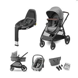 Maxi-Cosi Zelia S Trio Poussette 3 en 1, FamilyFix 3 Base Siège Auto ISOFIX Pack - Système de Voyage Poussette Bébé incl. Siège Auto CabrioFix S i-Size, 0-4 ans, jusqu'à 22 kg, Gris + Base FamilyFix3