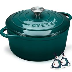 Overmont 28cm/6.6L Enamelled Cast Iron Round Casserole Pot With Lid Cookbook & Cotton Potholders - Non-stick Dutch Oven Cookware for Braising, Stews, Roasting, Bread Baking - Bottle green, 7QT