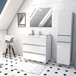 Ensemble Meuble de salle de bain blanc 60 cm sur pied 3 tiroirs + vasque ceramique blanche + miroir