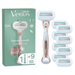 Gillette Venus Deluxe Smooth Sensitive Rose Gold Women's Razor + 9 Blade Refills, 5 Diamond‐Like Coated Blades