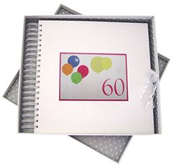 Witte katoenen kaarten 60e verjaardag, kaart & geheugen boek, Neon Glitter ballonnen