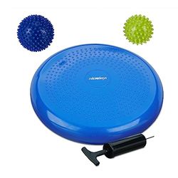 Relaxdays Balance kudde, 2 massagebollar, Ø 32 cm, upp till 140 kg, ergonomisk vingkudde med noppor, luftpump, blå