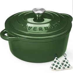 Overmont Forno olandese in ghisa smaltata, pentola da 5,5 qt con coperchio, libro di cucina e presine in cotone, resistente per brasare, stufare, arrostire, cuocere il pane, verde lucido
