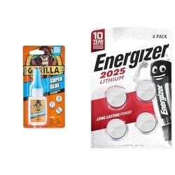 Gorilla Super Glue 15g & Energizer CR2025 Batteries, Lithium Coin, 4 Pack