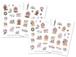Set di adesivi per la primavera delle ragazze - adesivi floreali, adesivi per il diario, adesivi per l'agenda, primavera, estate, fiori, farfalla, piante