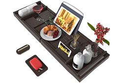 Plateau de Baignoire pour Baignoire de Luxe – Table de Bain Extensible en Bambou imperméable avec Support pour vin et Livre et Porte-Savon (Marron)