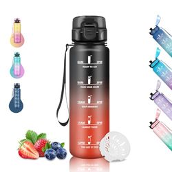 1 liter vattenflaska, gym, läckagefri, graderad vattenflaska, vattenflaska med tidtabeller, lätt att rengöra, flaskor för sport, vandring, löpning, vandring, camping, svart-röd