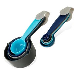 Tasty Set de Cucharas Medidoras, 10 piezas de Distintos Tamaños, Aptas para Lavavajillas, Colores Azul Claro, Azul Oscuro y Gris, Apilables para Ahorrar Espacio