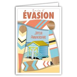 Afie Happy Birthday Card with Envelope – Mini Posters Format 17 x 11.5 cm – Escape Beach Cabin Sand Sea Surf Paddles Retro Vintage – Made in France 69-4319