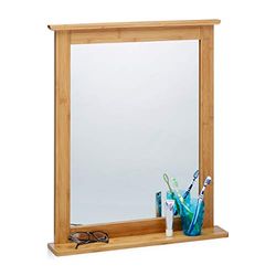 Relaxdays porta-objetos, pendurar, espelho de parede de bambu, grande, com varanda, pendente, moldura de madeira, para casa de banho ou sala de estar, castanho natural, 68 x 56 x 9,5 cm