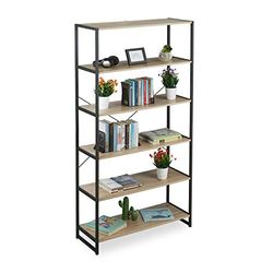 Relaxdays boekenkast industrieel, 6 vakken, hoog boekenrek, open design, HBD: 180 x 95 x 35 cm, PB, metaal, bruin/zwart