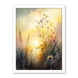 Artery8 Wildflower by Lakeside on a Misty Morning Sunrise Modern Watercolour Painting Artwork Framed Wall Art Print 18X24 Inch