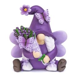 KnomeKo Decorazione con gnomi di lavanda, gnomo da giardino in resina primaverile, decorazioni per la casa per interni/esterni viola pastello primaverile lavanda decorazioni fattoria farfalla gnomo