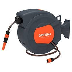 GRIFEMA G301-25, Enrouleur Tuyau Arrosage Mural 25m+2m, Rotation à 180 °, Complet avec Pistolet, Raccords, Tuyau et Support Mural