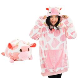 Plushible Wearable Blanket,Blanket Hoodies for Adult Women, Men, Teens, and Kids,Oversized, Cozy, Snuggly & Comfy Hooded Sweatshirt with Giant Pocket & Sleeves, Strawberry Cow (Adult), One size
