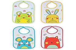 Ti TIN | Lot de 4 Bavoirs Imprimés Imperméables, 25x35 cm | 100% Microfibre de Polyester - Bavoirs Bébés de 6 à 12 mois - Fermeture avec Scratch - Doublure Vinyle - Motif Animaux - 200gr/m²