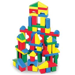 Melissa & Doug Blocos de madeira geométricos, 100 peças, brinquedos para desenvolvimento, jogo clássico de madeira, jogo de construção, presente para meninos e meninas de 3 4 5 6 7 8 anos