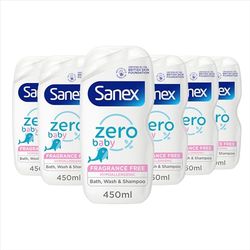 Sanex Zero% Hypoallergenic Baby Bath Foam & Shampoo 450ml x 6 - 0% fragrance, colourants, sulphates* & soap - soothes delicate skin - paediatrician approved - tear free formula