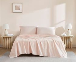 Linen Closet Luxury Cotton - Juego de sábanas de algodón orgánico de 144 Hilos, 4 Piezas, tamaño matrimonial, Color Rosa Claro