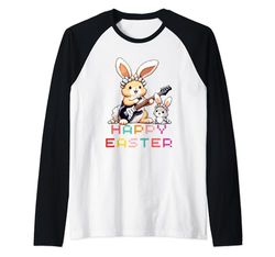 Coniglio Happy Easter Eggs Retro Vintage Pixel Art Rock Guitar Maglia con Maniche Raglan