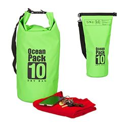 Relaxdays Ocean Pack 10 L, vattentät torrväska, ultralätt torrväska för kajak, segling, forsränning, skidåkning, grön, Grön, 10L, skolryggsäck