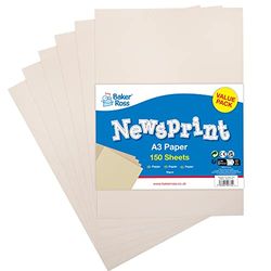 Baker Ross FX843 A3 Newsprint Paper Pack - Pack of 150, Paper for Wrapping and Arts and Crafts, White