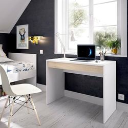 Dmora Perforated Desk, Multipurpose Space Saving Office Desk, Linear Study Table with 1 Drawer, 90 x 50 x 74 cm, White and Oak