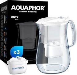 AQUAPHOR Vattenfilter Onyx Wit inklusive 3 MAXFOR+ Filter I Vattenfilter med glasoptik för 4,2 liter I Karaff I Minskar kalk och klor I Perfekt för familjen I Premiumkvalitet I Stilig behållare