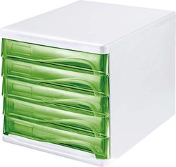 Helit h6129450 cajones caja Economy, 5 compartimentos, se puede escribir, color gris claro y translúcido verde