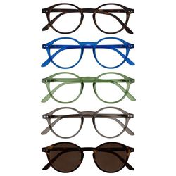 OPULIZE REY Occhiali da Lettura e da Sole - Pacco da 5 - Montatura Rotonda - Marrone Opaco, Blu, Verde, Grigio, Marrone - Uomo Donna - RRRRS56-23672 - +1.50