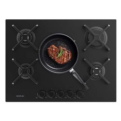 Cecotec Plaque de Cuisson à Gaz Bolero Squad G 5400S Nano Glass avec 5 Foyers, 10,4Kw, Grilles en Fonte, Foyer à Triple Anneau, Allumage Électronique, Système de Sécurité des Valves, Conversion au Gaz