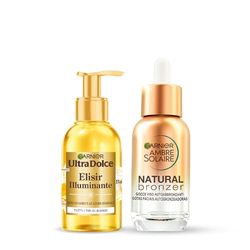 Garnier Kit Viso e Capelli, Con Gocce Auto-Abbronzanti e Siero Schiarente, Abbronzatura Naturale e Luminosa, Capelli più Biondi in 3 Usi, Natural Bronzer, Elisir Camomilla, Ambre Solaire, Ultra Dolce