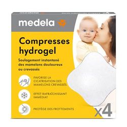 Medela Compresses hydrogel réutilisables, soulagement et rafraîchissement instantané pour mamelons douloureux ou crevassés, coussinets stériles, emballés individuellement, lot de 4