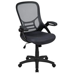Flash Furniture Ergonomiczne obrotowe krzesło biurowe z ciemnoszarej siateczki z wysokim oparciem, czarną ramą i składanymi podłokietnikami